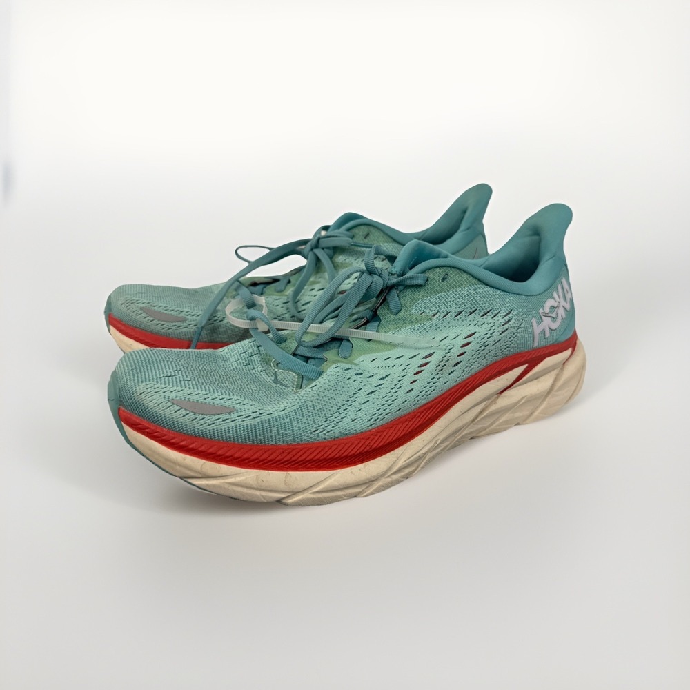 Hoka One‎ One Clifton 8 Womens Size 9B Blue Red Athletic Running Shoes Sneakers